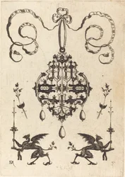 Large Pendant, Lower Left and Right Two Griffins Carrying Fantasy Candlesticks