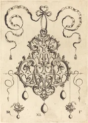 Strapwork Pendant with Two Swans as Earrings at Left and Right