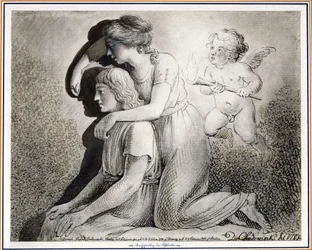 The Invention of Drawing: A Girl Draws, Encouraged by Cupid, the Silhouette of a Young Man Sitting to Her Left on the Wall