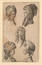 Five Headgears, as Worn by Berlin Women, Illustration for "Königl: Grosbrit [anische] Genealogischer Kalender auf das 1782 Jahr Lauenberg bey J.G. Berenberg"