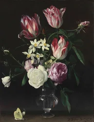 Roses, tulips, and narcissi in a glass vase, with a butterfly, on a ledge