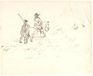 A rider followed by a man on foot, both in old-time attire