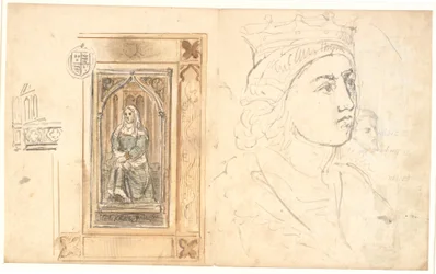 A Seated Female Figure, Placed in a Gothic Frame. A Crowned Head, etc.