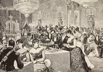 Buffet room, Court ball at Quirinale, Rome, Italy, engraving from drawing by Dante Paolocci