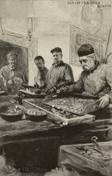 Counting coins in mint of Rome, Italy (engraving)