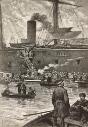 Italian soldiers boarding battleship Principe Amedeo, Naples, Italy