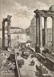 Passage through Forum, Rome, Italy, engraving from drawing by Dante Paolocci