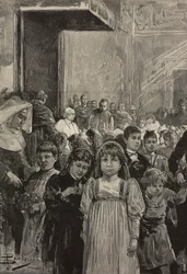 Reception of children at jubilee celebrations of Pope Leo XIII, Vatican (engraving)