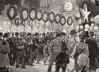 Torchlight in honor of King Umberto I on evening of December 1, Rome, Italy, engraving from drawing by Dante Paolocci