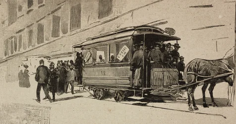 Tram directed to St Peter on occasion of Episcopal Jubilee of Leo XIII, Rome, Italy, engraving after drawing by Dante Paolocci, from L