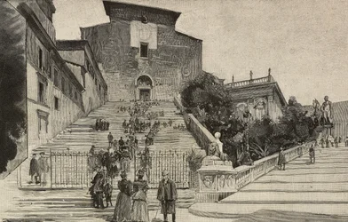 View of Basilica of Santa Maria in Aracoeli, Rome, Italy, engraving after drawing by Dante Paolocci, from L