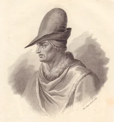 Portrait of Italian military leader Uguccione della Faggiola, copper engraving by Caterina Piotti-Pirola