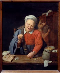 The gold weigher. An old woman weighs gold pieces with a small scale, while below a man with a boar