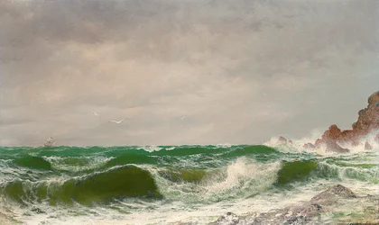 Waves crashing on a rocky coast, 1885