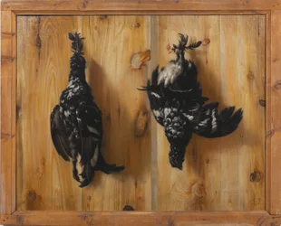Still Life with Two Black Grouse Cocks against a Plank Wall