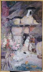 A Mother and Children Feeding Rabbits at the Door of a Thatched Cottage