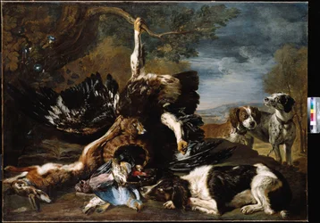 A Spaniel, an Eagle, a Hare and a Wicker Basket with a Jay, Finches and other Birds Overlooked by two Hounds, a Mountainous Landscape Beyond