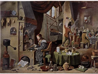 An alchemist laboratory in the 17th century - according to the painting of David Téniers the Younger
