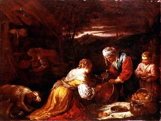 Peasants Preparing Food Outside a Cottage, an Extensive Landscape Beyond