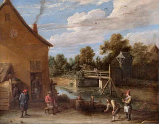Peasants Playing Bowls In Front Of An Inn By A River