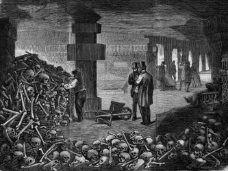 Paris, view of the crossroads of the memento in the catacombs (engraving)