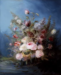 Still Life. Bouquet of flowers by the water with roses and tulips. Painting by Denis Pierre Bergeret. Private collection.