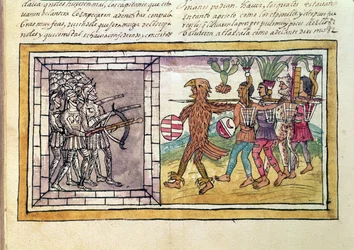 Codex Duran: Pedro de Alvarado besieged by Aztec warriors