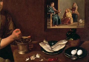 Kitchen Scene with Christ in the House of Martha and Mary (detail of food on the table with Christ, Martha and Mary in the background), c. 1618