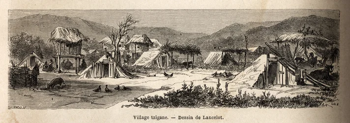 A Gypsy Village. Engraving to Illustrate the Voyage from Paris to Bucharest, by Lancelot, Draftsman, in 1860, Published in Le tour du monde, nouveau journal des voyages, under the direction of Edouard Charton