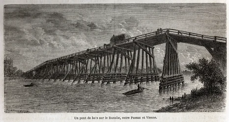 A wooden bridge over the Danube, between Passau and Vienna. Engraving in Le tour du monde, edited by Edouard Charton