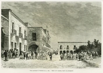 Municipal Palace of Valladolid. Engraving to illustrate the story Ma last expedition au Yucatan, by Desire Charnay, in le tour du monde 1887, directed by Edouard Charton, Hachette, Paris.