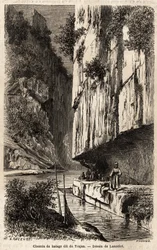 The towpath on the banks of the Danube, digs into the rock wall, also called the path of Trajan, which made it pierce, for his expedition against the Dacians of the north of the Danube. Drawing by Lancelot, to illustrate h