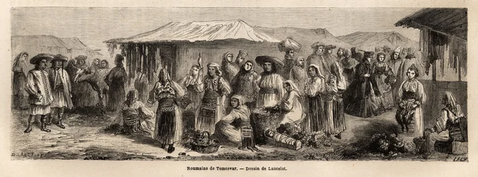 The walking population of Tesmevar (or Timisoara) in Romania. Engraving to illustrate the voyage from Paris to Bucharest, by Lancelot, draftsman, in 1860, published in Le tour du monde, nouveau journal des voyages, under the direction of Edouard Charton