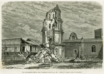 Tower of the Cathedral of Manila, After the Earthquake on July 18, 1880. Engraving by Lancelot to Illustrate the Story 