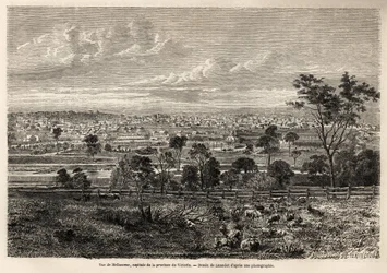 View of Melbourne (Australia), drawing by Lancelot, to illustrate the memories of a French squatter in Australia, in 1854-1859, by M. de Castella. Engraving in 