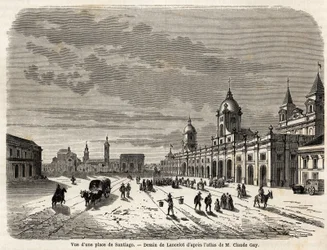 View of a square in Santiago, drawing by Lancelot, to illustrate the journey to South America, in 1823, by Giovanni Mastai Ferretti. Engraving in 