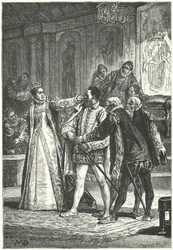 The Earl of Essex threatening to draw his sword after Queen Elizabeth I cuffed him around the ear for his insolence, 1598