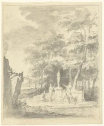 Arcadian Landscape with Figures Around a Statue