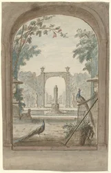 Design for a Room Painting with View through a Fence to a Garden, Peacocks, and Garden Tools