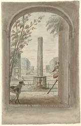 Design for a Room Painting with a View Through an Open Door into a Garden with a Fountain