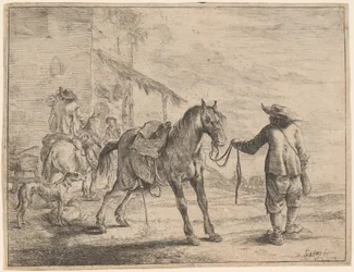 A Pissing Horse Held by a Man