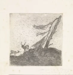 Two Deer by a Pine Tree