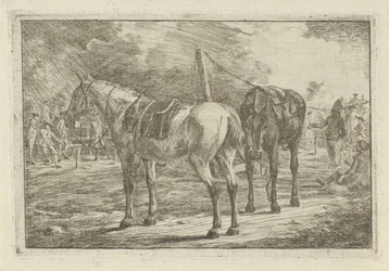 Two Saddled Horses at a Military Camp
