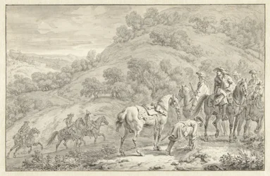 Mountain Landscape with a Dismounted Rider and Other Hunters on Horseback