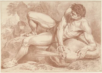 Reclining Male Nude on a Sack Blowing Air