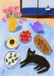 Relaxing Seaside Cat Breakfast