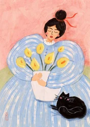 Woman With Flowers And Cat