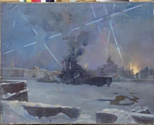 Heavy Artillery on the Neva in Leningrad (Saint Petersburg, Russia) in 1942. (A Battleship on the Frozen River Defends the Burning City Against Air Attacks During the Siege of Leningrad). Episode of the Second World War (1939-1945)