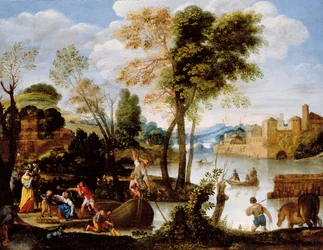 Italianate river landscape with poling boatman and woman with a basket of crabs