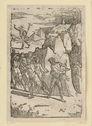 Allegory of Metal Extraction. The metals have left the interior of the mountain and flee as Vulcan (Hephaestus) urges them to follow him to the forge. From the series 